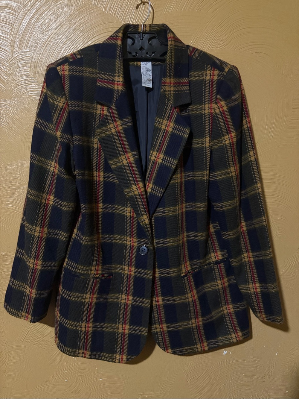 Womens Navy Plaid Single-Button Blazer